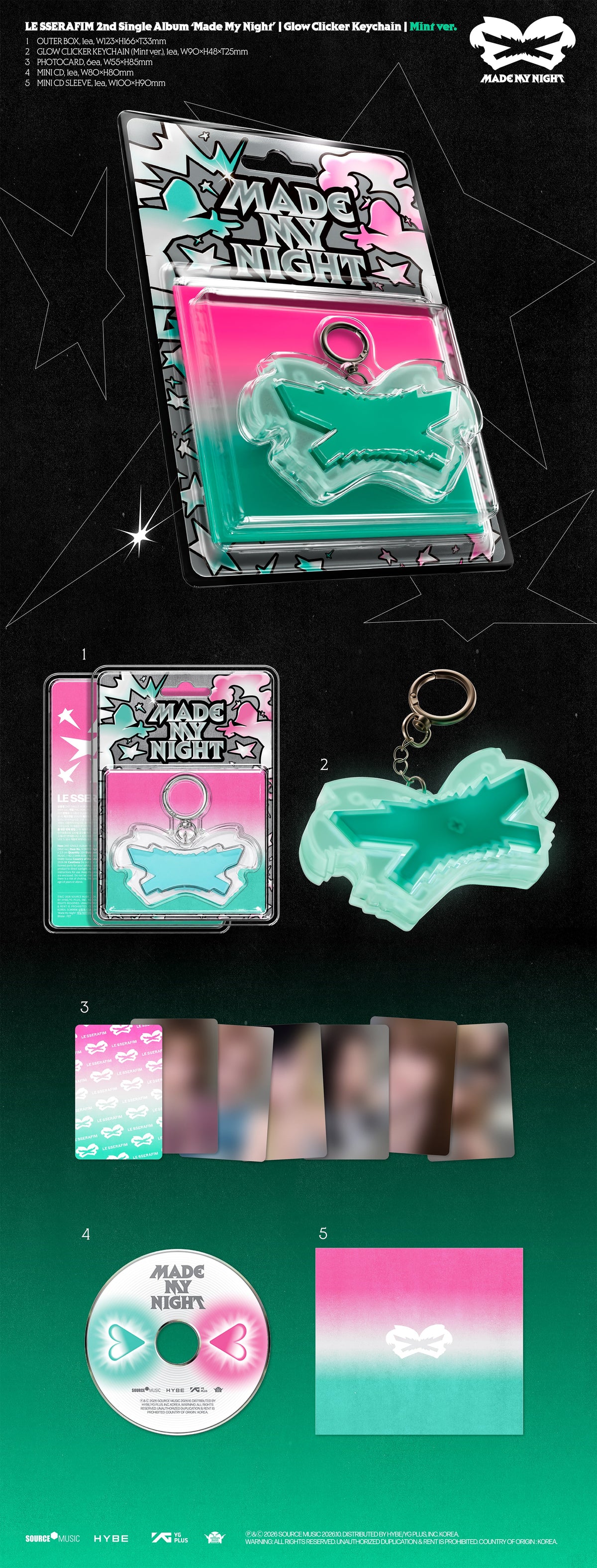LE SSERAFIM LE SSERAFIM - 2nd Single Album [Made My Night] Glow Clicker Keychain (Mint Ver.) - kuva 2